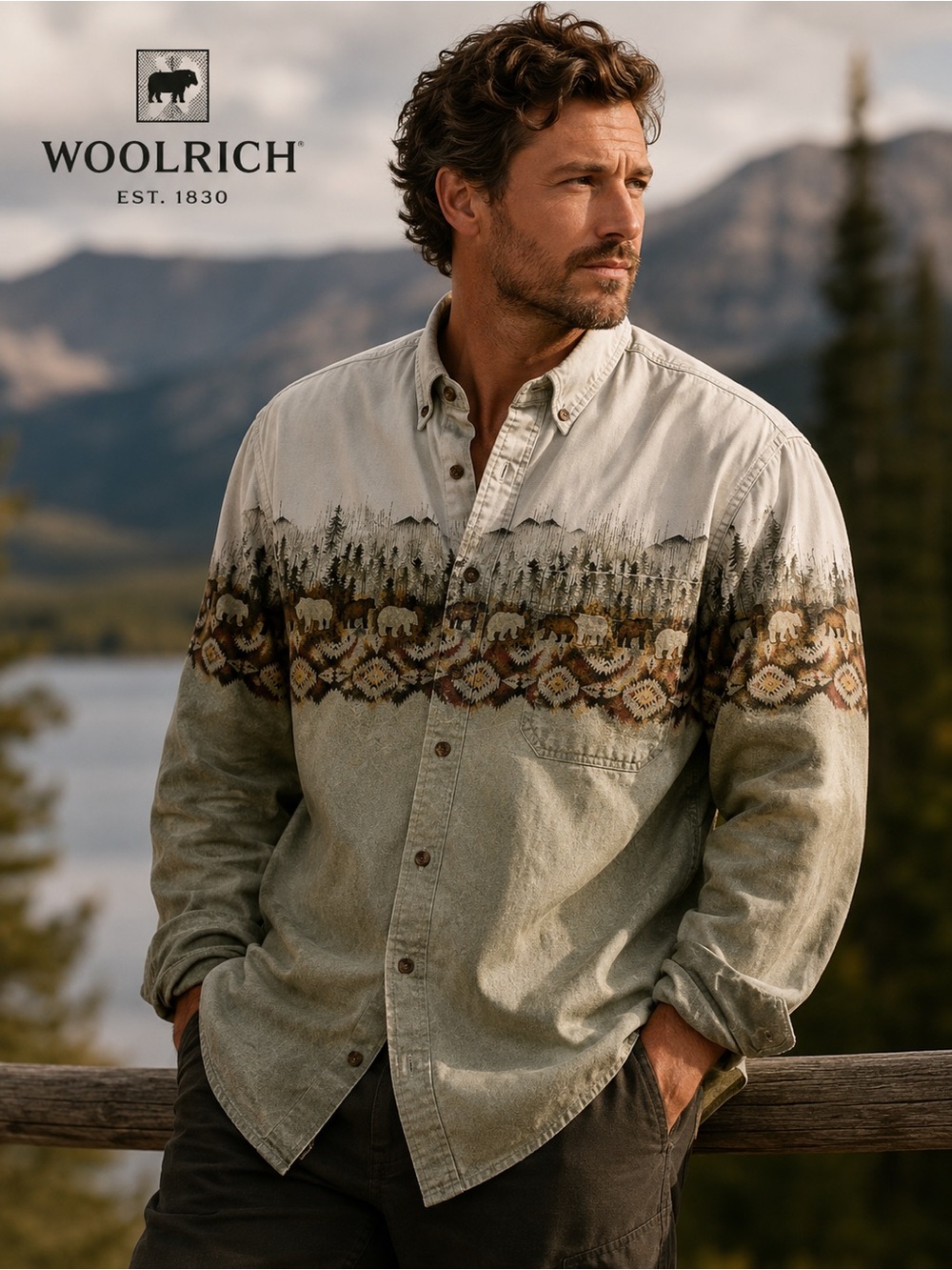 Vintage 90s Woolrich Bear Button Up Shirt Men’s L Outdoor Wildlife Western